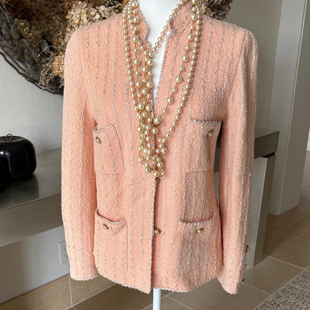 Vintage Adolfo Light Peach Bouclé Blazer with Pearl-Button Pockets, size S